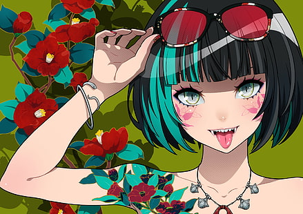 women, dark hair, looking at viewer, portrait, sunglasses, bracelets, necklace, tattoo, flowers, fangs, tongues, tongue out, artwork, digital art, illustration, 2D, green background, shadow, LAM, original characters, drawing, anime girls, eyeliner, teeth, anime, HD wallpaper HD wallpaper