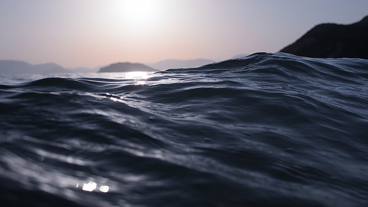 body of water, closeup photo of body of water, waves, sunlight, mountains, water, macro, sea, HD wallpaper