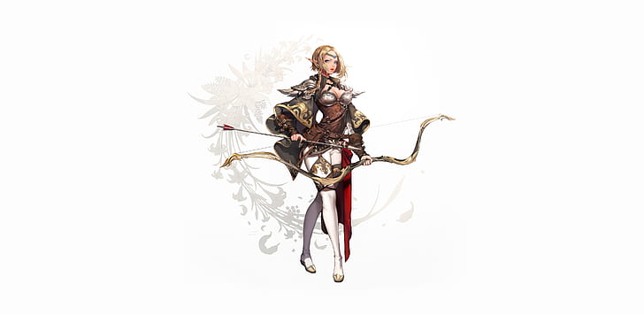 white background, simple background, fantasy girl, fantasy art, archer, bow, HD wallpaper