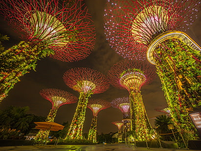 red-and-yellow towers, marina bay gardens, singapore, marina bay sands, HD wallpaper HD wallpaper