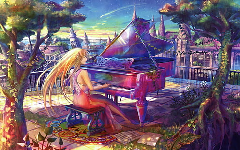 เล่นเปียโน, เปียโน, เล่นเปียโน, สาว, อะนิเมะ, เพลง, วอลล์เปเปอร์ HD HD wallpaper