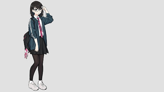 anime, manga, anime girls, fond simple, minimalisme, écolière, meganekko, lunettes, Fond d'écran HD HD wallpaper