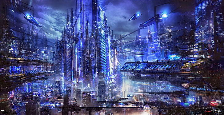 arte digital, ficção científica, cidade futurista, HD papel de parede