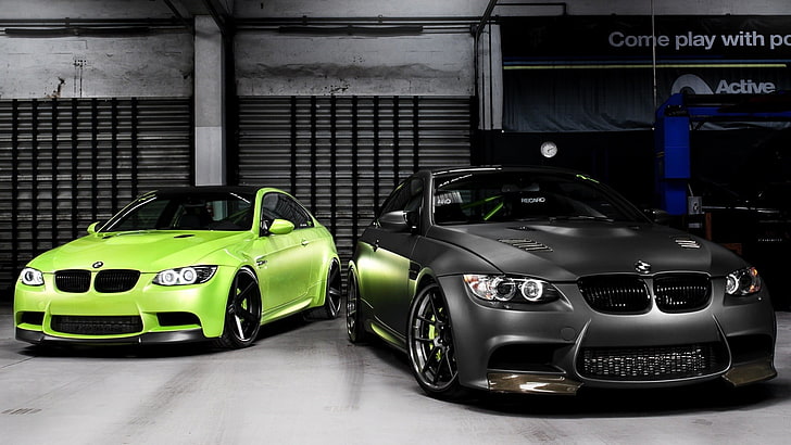 two gray and green BMW coupes, car, BMW, green cars, black cars, vehicle, HD wallpaper