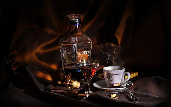 clear wine glass, background, coffee, cigarette, pack, cognac, dark, tea, spoon, glass, saucer, Cup, «Nakhimov», cigars, small, fuming, Cafe Creme, HD wallpaper