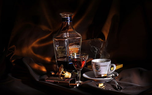 clear wine glass, background, coffee, cigarette, pack, cognac, dark, tea, spoon, glass, saucer, Cup, «Nakhimov», cigars, small, fuming, Cafe Creme, HD wallpaper HD wallpaper