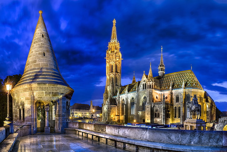 miasto, światła, wieczór, oświetlenie, architektura, Węgry, Budapeszt, Kościół Macieja, Tapety HD