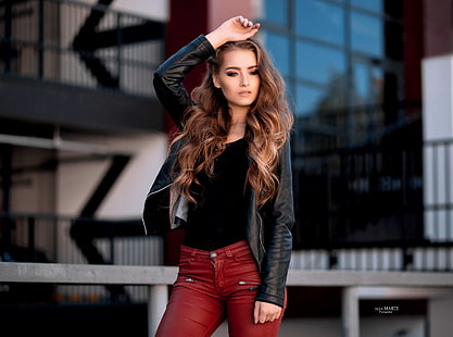 Aleksandra Taranova, women, portrait, women outdoors, pants, leather jackets, alex marti, red pants, black jackets, curly hair, HD wallpaper HD wallpaper