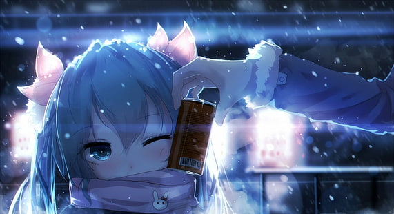 하츠네 미쿠, 눈, 스카프, 겨울, 커피, 보컬 로이드, 귀여운, 애니메이션, HD 배경 화면 HD wallpaper