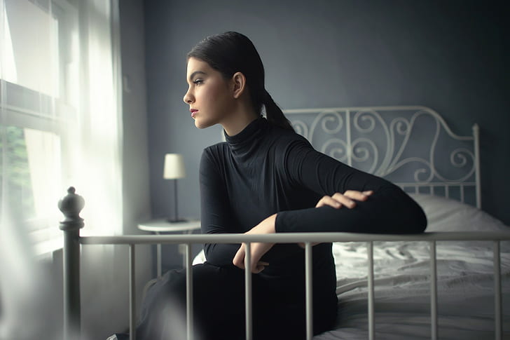 sitting, women, profile, bed, black hair, HD wallpaper