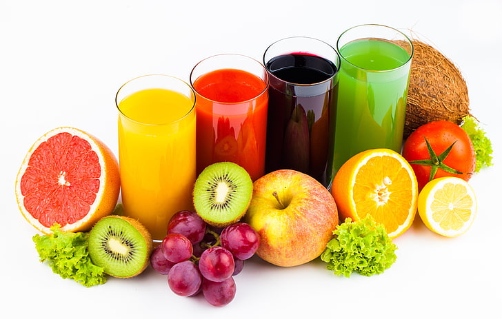 разнообразие фруктов, фон, фрукты, овощи, соки, HD обои
