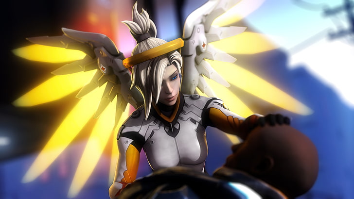 white-haired woman 3D animation, girl, angel, art, fps, moba, Overwatch, Mercy, Angela Ziegler, HD wallpaper