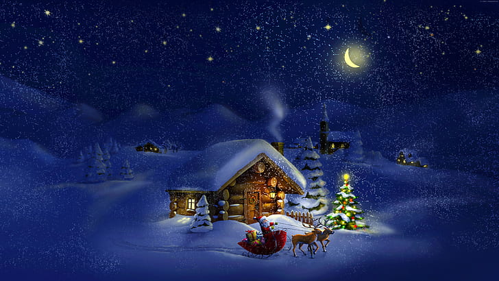 домик, 4К, ночь, Санта, Новый год, Рождество, олень, снег, зима, луна, HD обои