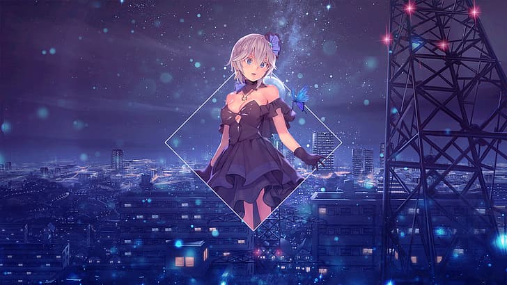 anime girls, anime, blue dress, sky, night, Photoshop, digital art, picture-in-picture, landscape, abstract, HD wallpaper