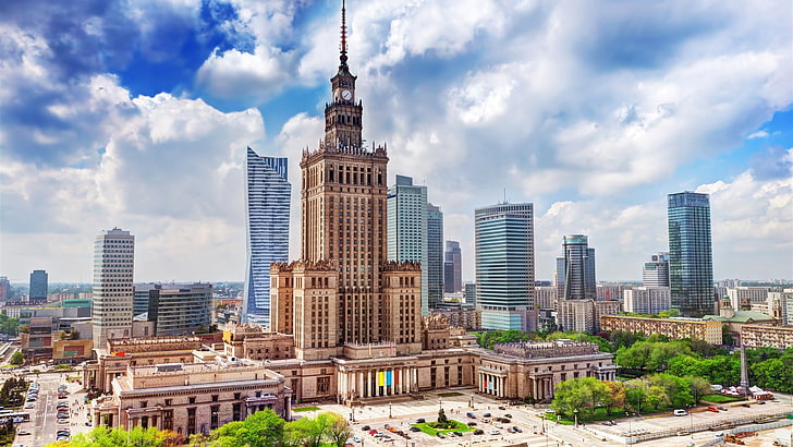 ポーランド、ワルシャワ、高層ビル、都市景観、ポーランド、 HDデスクトップの壁紙