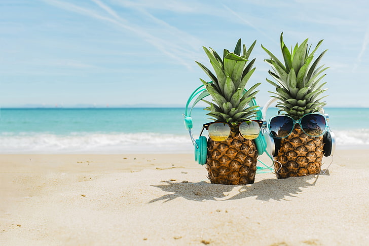 песок, море, пляж, лето, отдых, наушники, очки, ананас, счастливый, отпуск, смешно, мило, солнцезащитные очки, HD обои