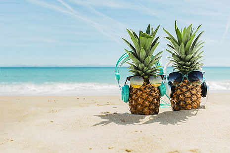 песок, море, пляж, лето, отдых, наушники, очки, ананас, счастливый, отпуск, смешно, мило, солнцезащитные очки, HD обои HD wallpaper