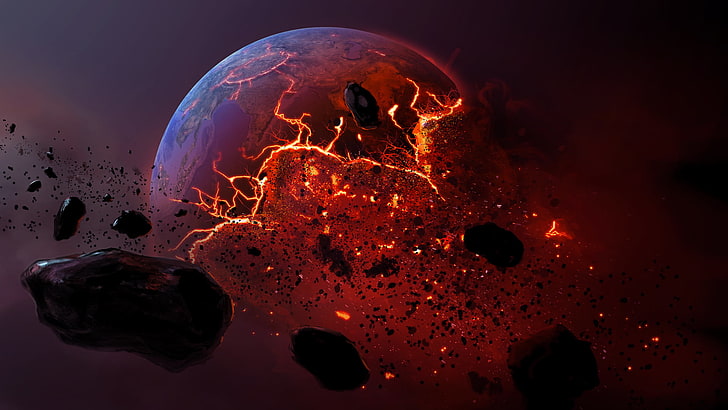 red burning planet, meteorite, planet, dead planet, burning earth, HD wallpaper