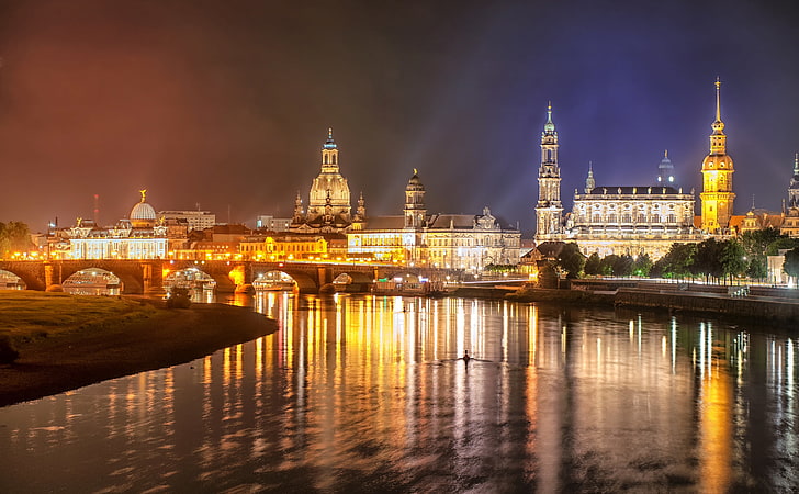 Dresden, Sungai Elbe, Jerman, Malam, Eropa, Jerman, Kota, Perjalanan, Malam, Sungai, Artistik, Bersejarah, Dresden, Elbe, budaya, Builings, Wallpaper HD