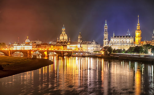 Dresden, Elbe River, Germany, Night, Europe, Germany, City, Travel, Night, River, Artistic, Historic, Dresden, Elbe, cultural, Builings, HD wallpaper HD wallpaper