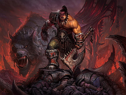 Ilustrasi kapak dari DOTA 2, orc, kapak, makhluk, World of Warcraft: Panglima Perang Draenor, grommash hellscream, World of Warcraft, warrior, video game, Wallpaper HD HD wallpaper