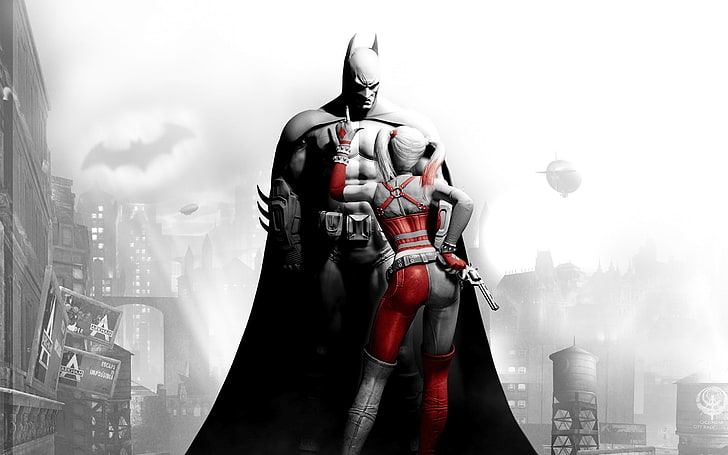 Batman and Harley Quinn digital wallpaper, Batman, Harley Quinn, selective coloring, Batman: Arkham City, video games, HD wallpaper