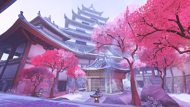 wallpaper digital pagoda temple putih dan abu-abu, Hanamura (Overwatch), Overwatch, Wallpaper HD