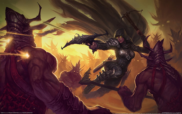 donna che spara due balestre illustrazione, Diablo III, cacciatore di demoni, Sfondo HD