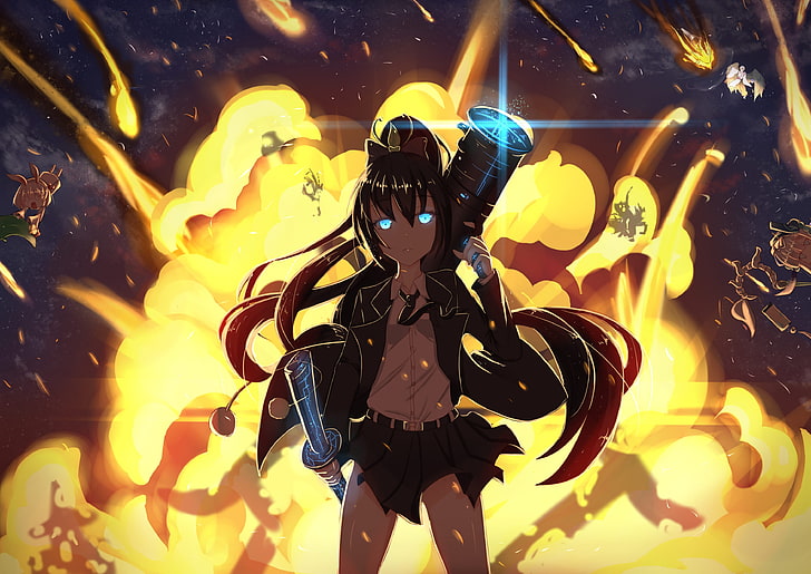 anime girl, rocket, katana, war, explosion, black hair, ribbon, Anime, HD wallpaper