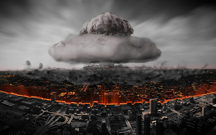 градска сграда с експлозия на бомба, ядрена бомба гъба цифров тапет, ядрена, бомби, гъби облаци, хора, апокалиптични, HD тапет