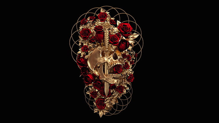 dekoracja ścienna z mieczem i czaszką w kolorze złotym, Apashe, czaszka i kości, złoto, Tapety HD