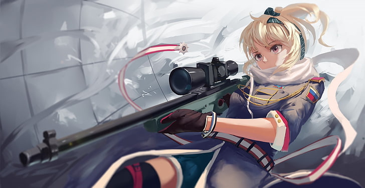 ilustração de personagem de anime de garota de atirador de cabelos amarelos, anime, meninas de anime, arma, arma, personagens originais, rifle sniper, Accuracy International AWP, Girls Frontline, HD papel de parede