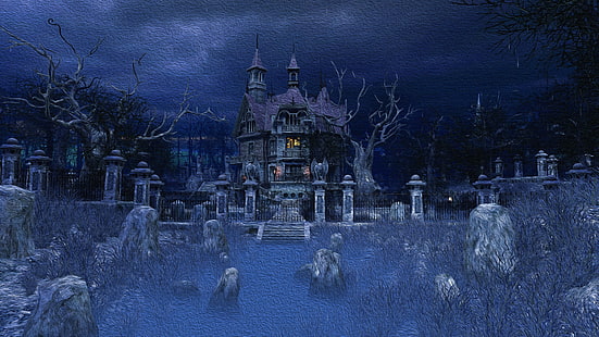 landscape, ghost castle, ghost house, haunted, halloween, cemetery, haunted house, haunted castle, horror, midnight, sky, frost, evening, tree, castle, scary, darkness, painting art, painting, night, HD wallpaper HD wallpaper