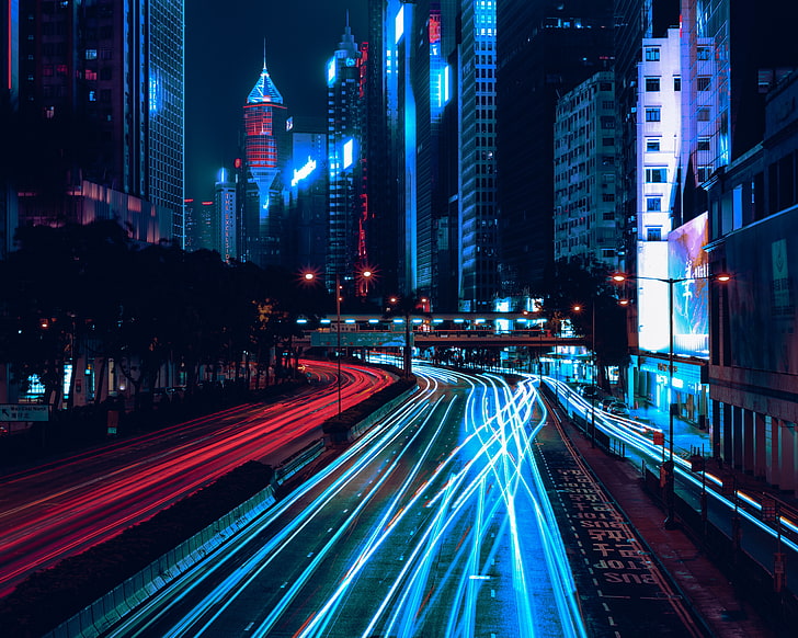 Hochhaus, Nachtstadt, Wolkenkratzer, Straße, Licht, Verkehr, Wan Chai, Hong Kong, HD-Hintergrundbild