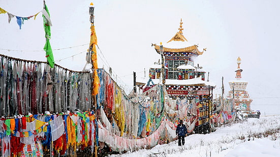 opera tybetańska, tybet, chiny, azja, garze, syczuan, shiqu, serxu, śnieg, lung ta, lungta, Tapety HD HD wallpaper
