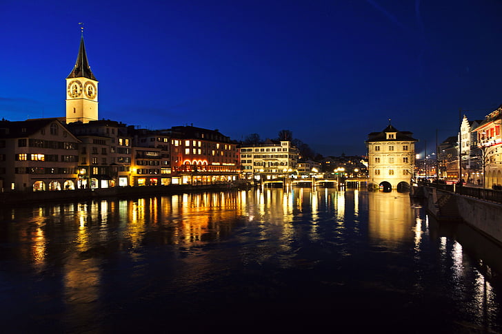 buildings, cities, night, reflection, rivers, switzerland, zurich, HD wallpaper