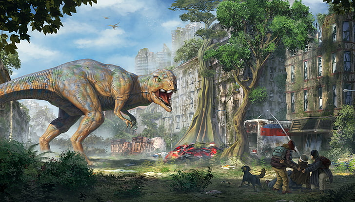 коричневые обои динозавров, город, люди, фантастика, динозавры, арт, руины, T-Rex, тиранозавр, рекс, HD обои