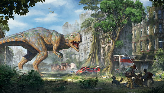 tapeta brązowego dinozaura, miasto, ludzie, fikcja, dinozaur, sztuka, ruiny, T-Rex, Tyrannosaurus, rex, Tapety HD HD wallpaper