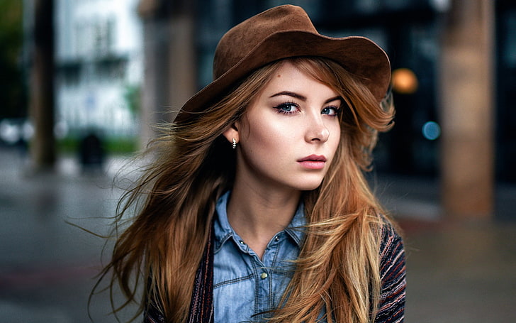 urbano, retrato, sombrero, mujeres, modelo, Maxim Guselnikov, Irina Popova, Fondo de pantalla HD