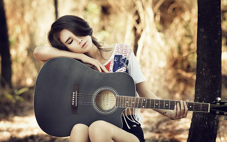 Asian guitar girl taking a break, women's white and blue shirt and grey and black acoustic guitar, Asian, Guitar, Girl, Break, HD wallpaper