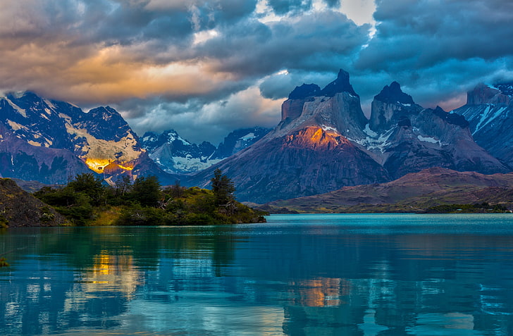 montagna piena di neve, paesaggio, argentina, montagna, lago, patagonia, nuvole, natura, Sfondo HD