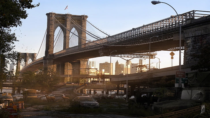 Бруклинский мост, Нью-Йорк, Нью-Йорк, мост, руины, Нью-Джерси, апокалипсис, Бруклинский мост, произведение искусства, футуристический, научная фантастика, олень, цифровое искусство, HD обои