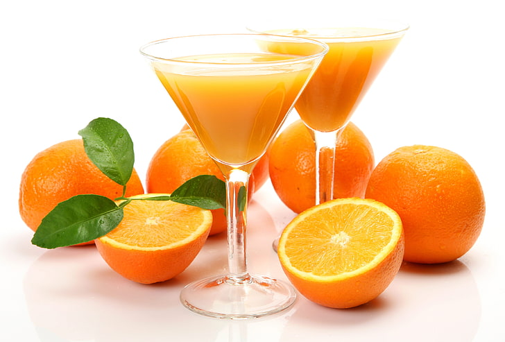 two clear martini glasses, oranges, juice, wine glasses, white background, HD wallpaper