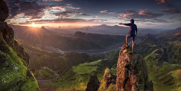 облаци, трева, туризъм, Исландия, пейзаж, Max Rive, планина, природа, панорами, река, изгрев, долина, HD тапет HD wallpaper