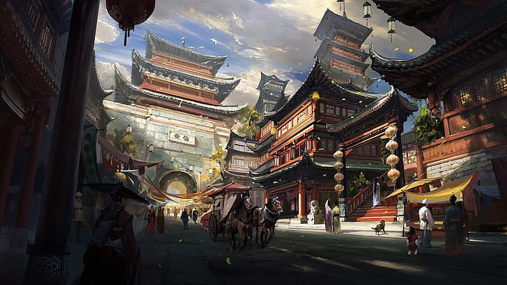 dzieło sztuki, Chiny, pejzaż miejski, miasto fantasy, sztuka cyfrowa, ulica, koń, dom, sztuka fantasy, Azja, miasto, architektura azjatycka, Tapety HD