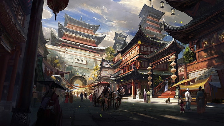wallpaper kuil pagoda coklat dan hitam, orang-orang di jalan dekat kuil, seni digital, arsitektur Asia, seni fantasi, kota, kuda, karya seni, rumah, Asia, lanskap kota, kota fantasi, Cina, jalan, Wallpaper HD