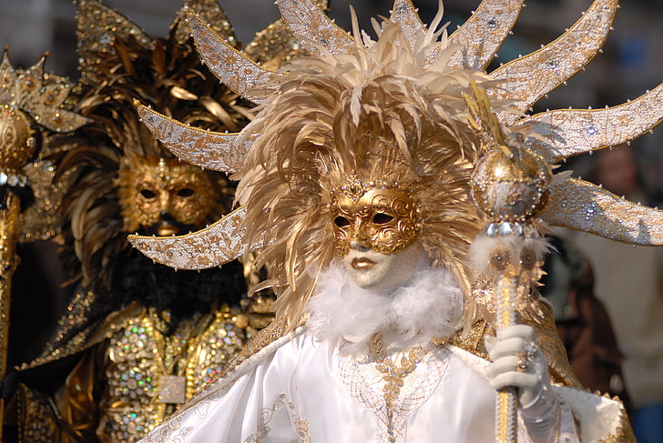 gold and white masquerade, white, photo, black, gold, carnival, mask, Venice, costumes, HD wallpaper