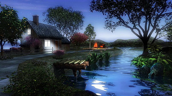 casa, natureza, Via fluvial, agua, céu, árvore, casa, noite, chalé, casa dos sonhos, banco, rio, HD papel de parede HD wallpaper