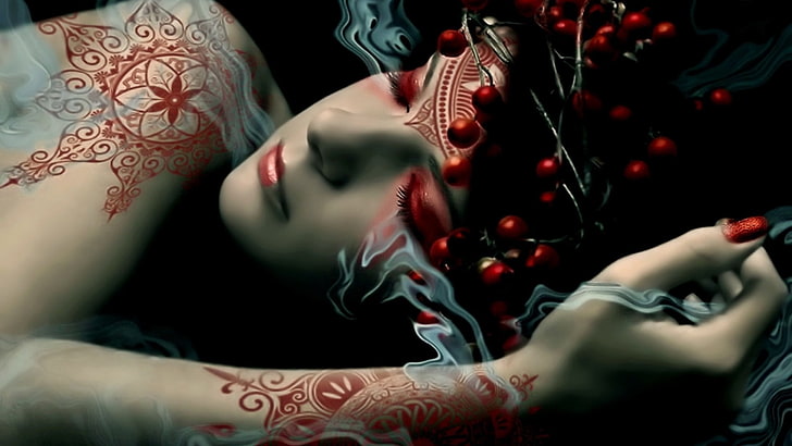 brazo, mano, tatuaje, ilustraciones de cg, patrón de henna, belleza, henna roja, henna, mujer, niña, ilustraciones, soñando, dormir, hermosa, soñadora, Fondo de pantalla HD