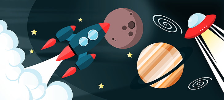 ilustracja niebieski i czerwony statek kosmiczny, przestrzeń, lot, planeta, wektor, rakieta, Tapety HD